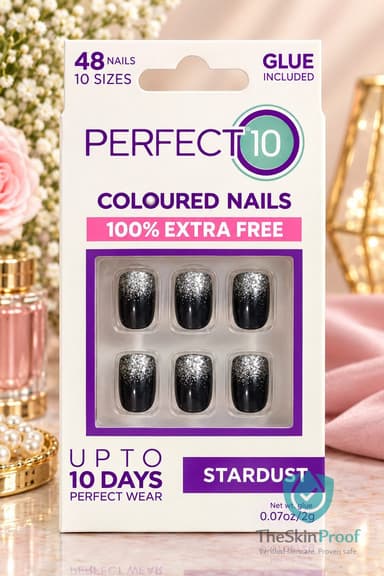 PERFECT 10 Perfect 10 Stardust False Coloured Nails With Glue Black & Sliver Nails 48 Pices