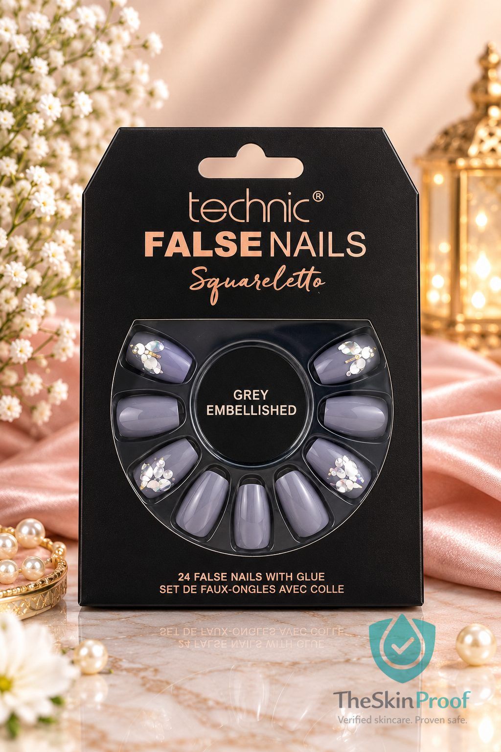 TECHNIC Technic Squareletto 24 False Nails With Glue - Grey Embellished
