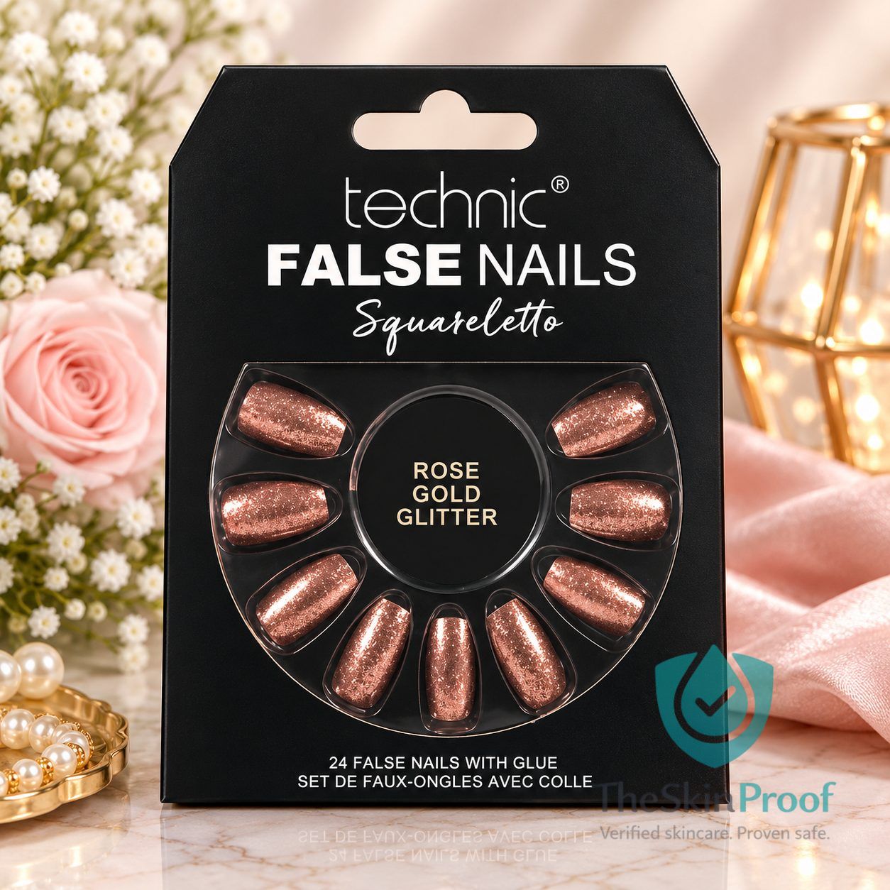 TECHNIC Technic Squareletto 24 False Nails With Glue - Rose Gold Glitter