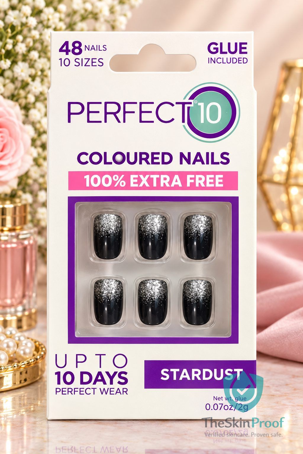 PERFECT 10 Perfect 10 Stardust False Coloured Nails With Glue Black & Sliver Nails 48 Pices